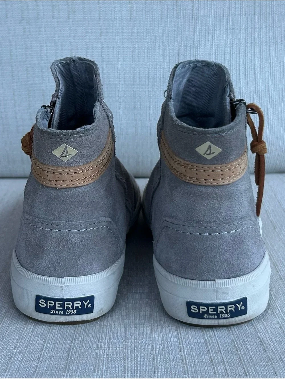 Sperry Crest Gray Suede High-Top Sneakers with Brown Leather Accents